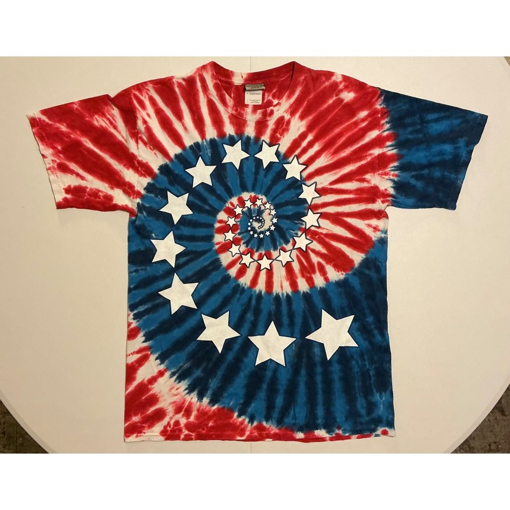 VTG Y2K Liquid Blue Patriotic Americana Tie Dye Shirt Red White Blue Stars  L